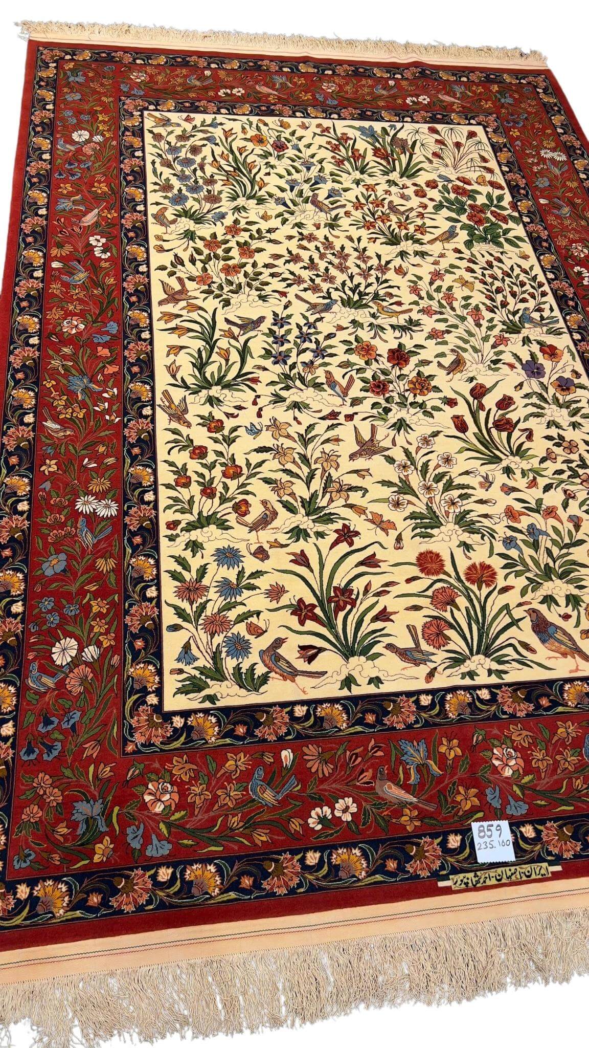 Hand-knotted Persian rug with red floral border and beige center, 240x160 cm